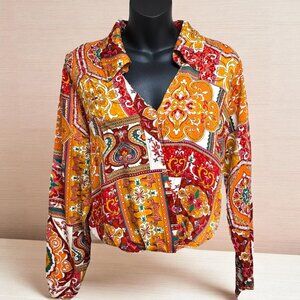 Haute Hippie Rust Geo Print Surplice Cropped Boho‎ Blouse